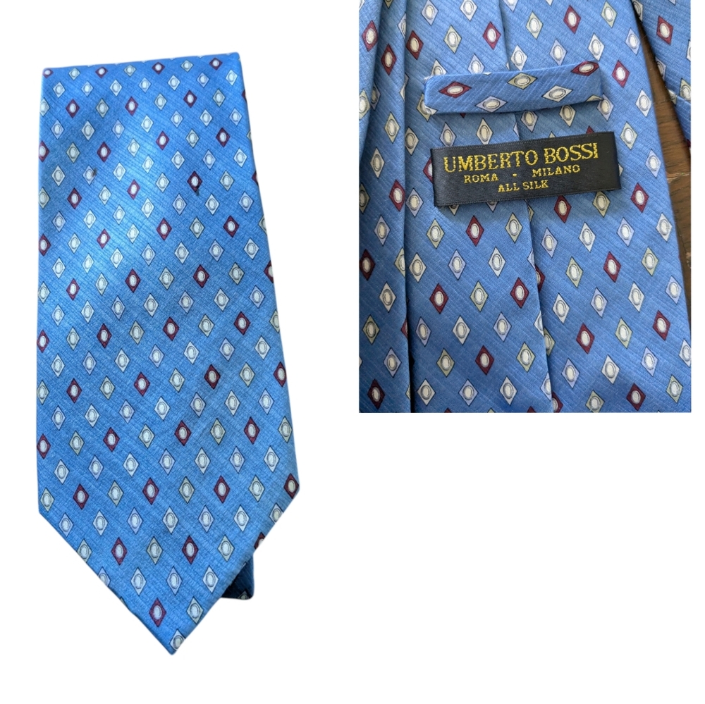 VTG Umberto Bossi Light Blue Silk Men's Tie with Geometric Diamond Pattern